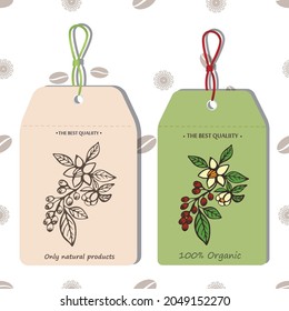 Vector graphic label templates with coffee plants on a seamless pattern background