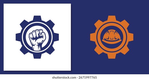 Vector Gráfico de la industria laboral Diseño de logotipo con puño levantado y casco de seguridad dentro del concepto de engranaje para eventos del Día del Trabajo, celebración del trabajador y Industrial Empresa