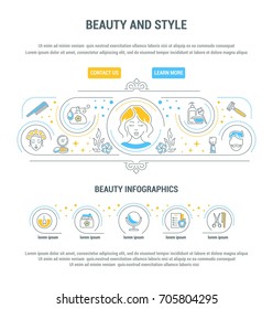Vector graphic landing page in line, contour, thin, and flat design. Beauty. Beauty salon, cosmetology, fashion. Template, top internet web site, main page.