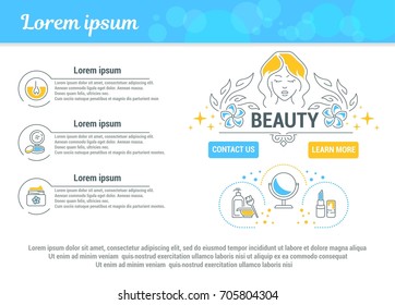Vector graphic landing page in line, contour, thin, and flat design. Beauty. Beauty salon, cosmetology, fashion. Template, top internet web site, main page.