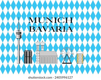 Vector graphic of landmarks in Munich Bavaria with blue white background