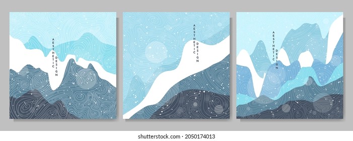 El paisaje gráfico vectorial. Montañas, colinas. Patrón japonés de arte de línea. estilo asiático. Diseño para banner web, plantilla de medios sociales. Concepto aéreo. Temporada de nieve fría en invierno. Ilustración dibujada por mano