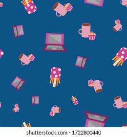 Vector graphic laptop, coffee mugs, pencil holder seamless pattern background. Blue business tools backdrop. Office studio equipment design. All over print for working from home or college concept