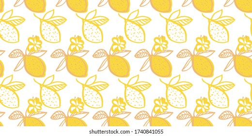 Vector graphic lemon citrus pattern. Geometric modern summer repeating design. Hand drawn bright citrus fruit pattern with leaf and blossom on white background. Classy simple summer backdrop.