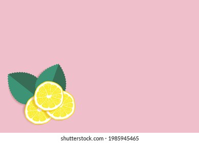 vector graphic of a lemon slices with leaves on a pink background.