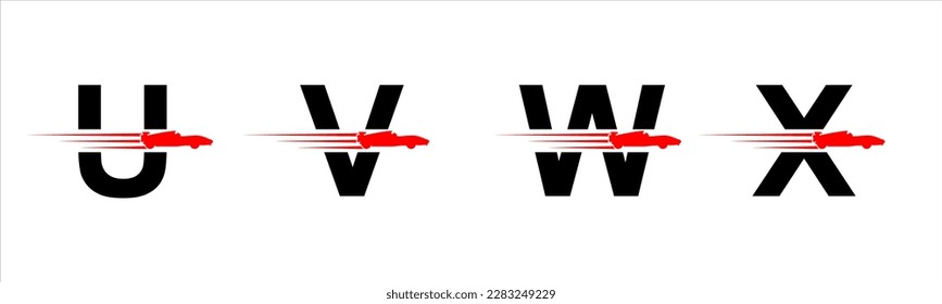 Vector graphic letter alphabet in a set U, V, W, X with red speeding racing car logo