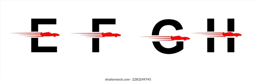 Vector graphic letter alphabet in a set E, F, G, H with red speeding racing car logo