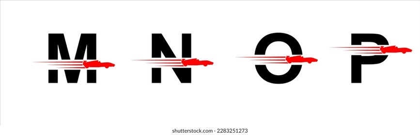 Alfabeto de letra gráfica vectorial en un conjunto M, N, O, P con logotipo de coche de carreras de velocidad roja