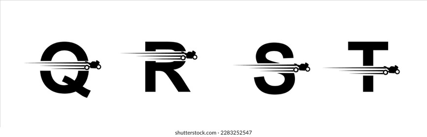 Vector graphic letter alphabet in a set Q, R, S, T with black speeding racing bike logo