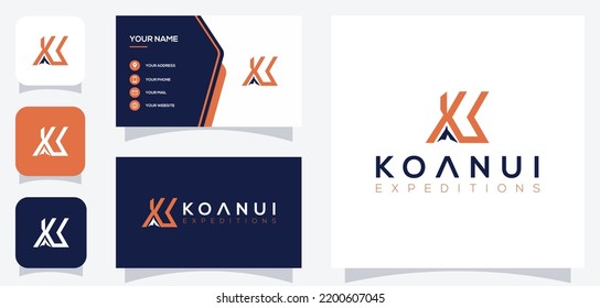 Vector graphic of letter k or kk and mountain logo design with business card