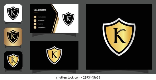 vector graphic of letter K law logo design shield and luxury style with business card 