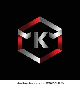 Diseño de logotipo metálico K de letra gráfica vectorial. Diseño de logotipo metálico de color rojo y plateado para la letra K.