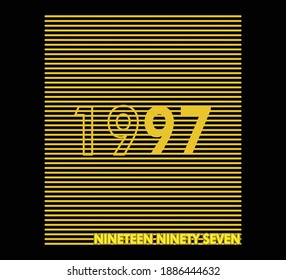 Gráfico vectorial de la letra número 1997 con color de relleno amarillo y trazo aislado en fondo negro. Perfecto para el diseño de camisetas, ropa, carteras, carteles, etc. número diecinueve noventa y siete.