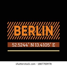 Vektorgrafik der Koordinaten von Berlin und Geographisch mit orangefarbenem Hub einzeln auf schwarzem Hintergrund. Perfekt für T-Shirts Design, Kleidung, Hoodies, Poster etc. Bearbeitbarer Strich. 