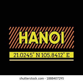 Vector graphic of lettering Hanoi and Geographic coordinates with orange stroke isolated on black background. Perfect for t-shirts design, clothing, hoodies, poster etc. Editable stroke. 