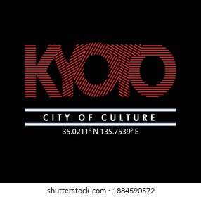 Gráfico vectorial de letras de Kioto con rayas rojas aisladas sobre fondo negro. Perfecto para el diseño de camisetas, ropa, carteras, carteles, etc. Diseño de camisetas de arte de línea. Trazo editable.
