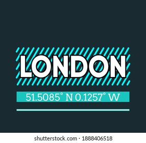 Vector graphic of lettering London and Geographic coordinates with light blue stroke isolated on dark background. Perfect for t-shirts design, clothing, hoodies, poster etc. Editable stroke. 