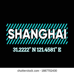 Vector graphic of lettering Shanghai and Geographic coordinates with light blue stroke isolated on black background. Perfect for t-shirts design, clothing, hoodies, poster etc. Editable stroke. 