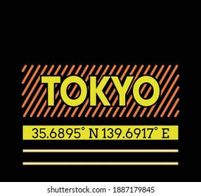 Vector graphic of lettering Tokyo and Geographic coordinates with orange stroke isolated on black background. Perfect for t-shirts design, clothing, hoodies, poster etc. Editable stroke. vector eps10.
