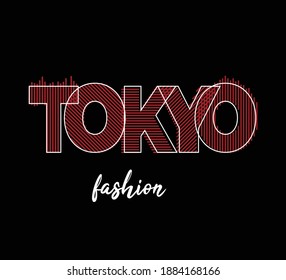 Vector graphic of lettering Tokyo with red stripes and white stroke isolated on black background. Perfect for t-shirts design, clothing, hoodies, poster etc. Line art t-shirt design. Editable stroke.
