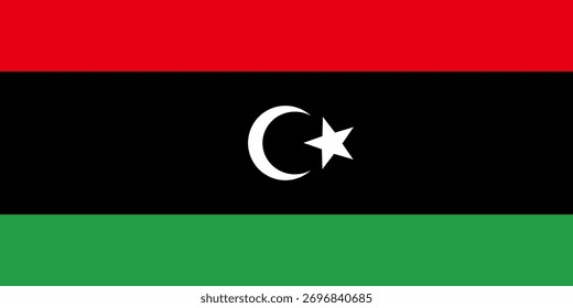 Vector graphic of the Libya flag. Comprised of red, green and black elements and a white star and moon. These are the Pan Arab colours