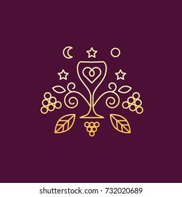 Vector graphic line art design element / Wine glass with heart and flower and grape ornaments