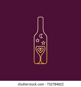 Vector graphic line art design element / Wine bottle with glass and moon and star ornaments