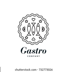 Vector graphic, line art gastronomy symbol / Fish, lemon heart and star ornaments