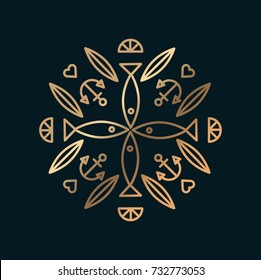 Vector graphic, line art gastronomy symbol / Clams, fish ornaments with lemon slice and anchor