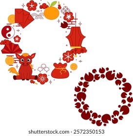 Vector graphic line circle round frame with chinese new year of horse 2026 elements set. Year of the Horse, New Year background material. Transparent background
