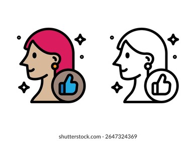 Vector Graphic of a Line icon beauty woman giving a thumbs-up. for use in beauty tutorials, cosmetic app reviews, user satisfaction, woman empowerment campaigns, skincare product