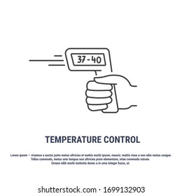 Vector graphic. Line, linear, outline design icon on a white background. Infrared thermometer. Laser thermometer. Temperature control. Non-contact temperature measurement. Symbol, sign.