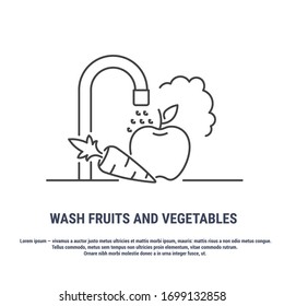 Vector graphic. Line, outline design icon on a white background. Food hygiene. Need to wash vegetables and fruits. Precautions. Disinfection of fruits and vegetables. Editable Stroke. Symbol, sign.