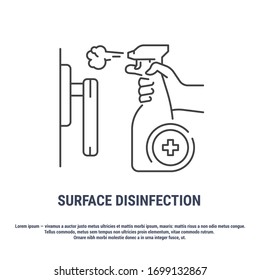 Vector graphic. Line, outline design icon. Antibacterial spray. Surface cleanser. Surface treatment. Editable Stroke. Symbol, sign.