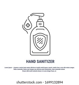 Vector graphic. Line, outline design icon on a white background. Hand disinfection gel. Sanitizer. Liquid antibacterial soap. Editable Stroke. Symbol, sign.