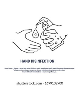 Vector graphic. Line, outline design icon on a white background. Hand disinfection. Antiseptic, gel, soap. Hand hygiene. Antibacterial treatment. Editable Stroke. Symbol, sign.
