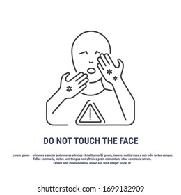 Vector Graphic. Line, Outline Design Icon On A White Background. Do Not Touch The Face, Eyes, Mouth, Nose. Stop The Spread Of Infection. Precautions. Editable Stroke. Symbol, Sign.