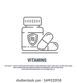 Vector graphic. Line, outline design icon on a white background. Vitamins. Organic support for immunity. Strengthening immunity. Vitamin Pills. Editable Stroke. Symbol, sign.