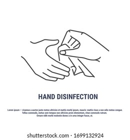 Vector graphic. Line, outline design icon on a white background. Skin disinfection. Wipe hands with antiseptic wipes. Personal hygiene. Editable Stroke. Symbol, sign.