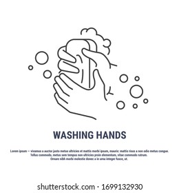 Vector graphic. Line, outline design icon. Hand washing. Clean hands. Soap in the hands. Editable Stroke. Symbol, sign.