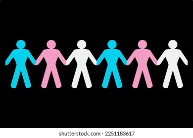 Vector graphic of a line of six paper cutout men holding hands on a black background. They are coloured blue, pink and white. They represent unity between men