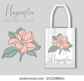 Vector graphic linear illustration of a sprig of magnolia flowers. Concept with tote bag mockup. Vector Illustration