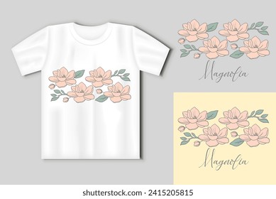 Vector graphic linear illustration of a sprig of magnolia flowers. Vector concept with t-shirt mockup