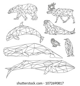 Vector graphic lines of Arctic animals. Set of geometric low poly illustrations in the style of origami.