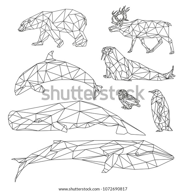 北極動物のベクター画像グラフィックライン 折り紙風の幾何学的な低ポリイラストのセット のベクター画像素材 ロイヤリティフリー