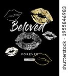 vector graphic with lips and kiss shapes, leopard pattern, gold details, wording  