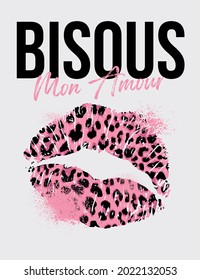 vector graphic with lips, leopard pattern, splatter, wording. Translation: Kisses my Love