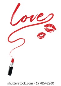 vector graphic with lipstick and wording love, kisses, 80s vibe, red lips