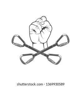 Vector graphic logo concept.Climbing equipment. Hand with carbines. Symbol of rock climbing. Logo for an active lifestyle. Symbol emblem, element, print.