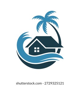 A vector graphic logo depicting a dark blue house with a white outline, a curved wave in shades of blue, and a palm tree, all set against a clean white background